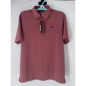 UNDER ARMOUR Heat Gear Loose Gray Red Striped Polo Shirt Men's Size Medium